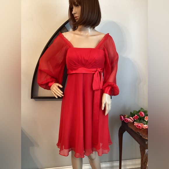 BARRIE PACE Silk Red Dress ON or OFF The Shoulder with Long Full Sleeves - Picture 2 of 10